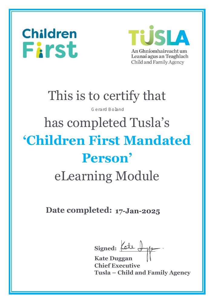 Tusla certificate awarded to Gerard Boland for the Children First Mandated Person module