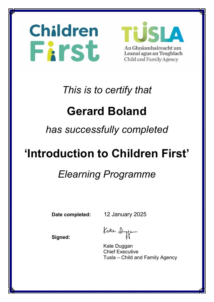 Tusla certificate awarded to Gerard Boland for Introduction to Children First