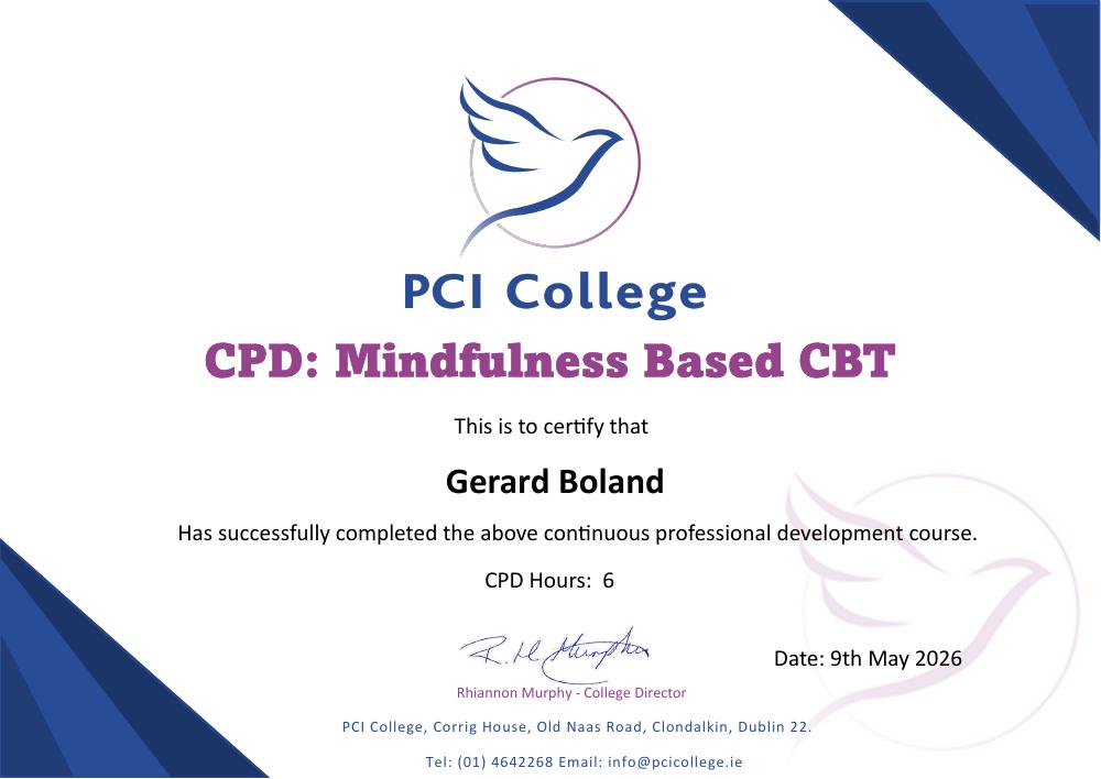 PCI College certificate awarded to Gerard Boland for Mindfulness Based CBT