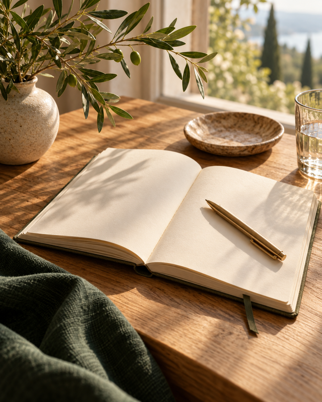 An open journal and pen in soft natural light on a wooden table